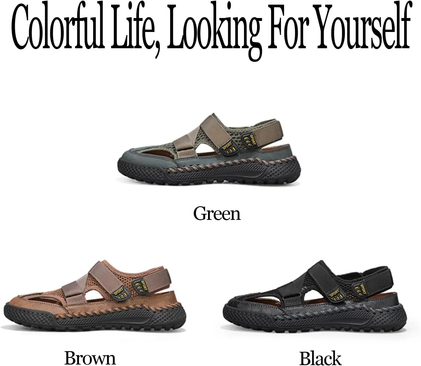 Men's Mesh Cutout Hook and Loop Fisherman Sandals Comfort Non Slip Lightweight Hand Stitching Beach Sandals Casual Wading Outdoor Sandals