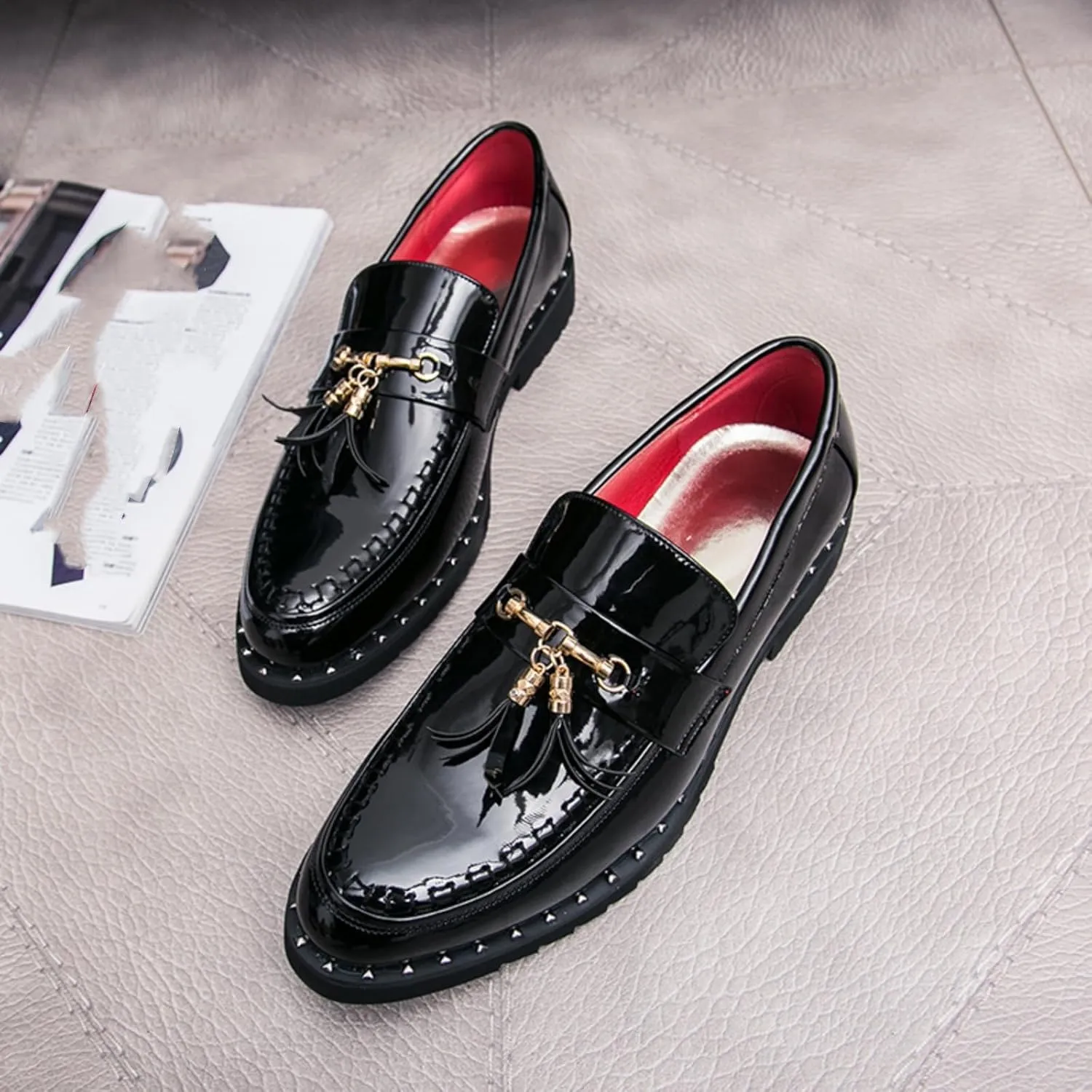 Men's Patent Leather Tassels Slip-On Loafers Classic Flats Smoking Loafers for Business Casual Dress Prom Formal Church Wedding Shoes