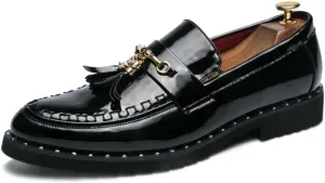 Men's Patent Leather Tassels Slip-On Loafers Classic Flats Smoking Loafers for Business Casual Dress Prom Formal Church Wedding Shoes