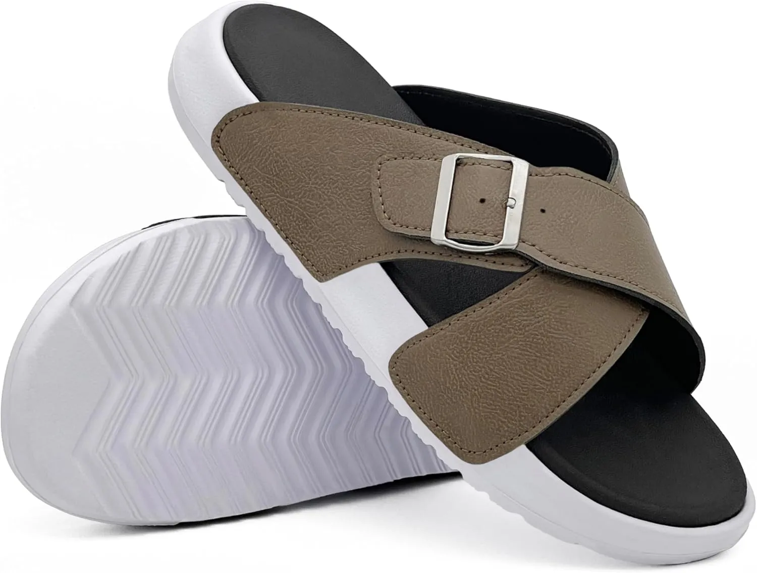 Men's Sandal Casual Crossband Slide Thick Sole Open Toe Slides EVA Indoor & Outdoor Beach Sandals with Adjustable Buckle Straps