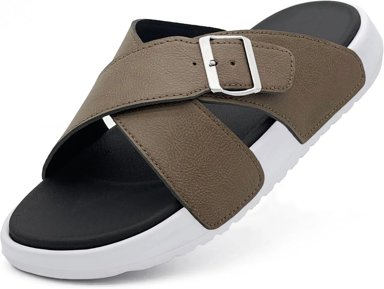 Men's Sandal Casual Crossband Slide Thick Sole Open Toe Slides EVA Indoor & Outdoor Beach Sandals with Adjustable Buckle Straps