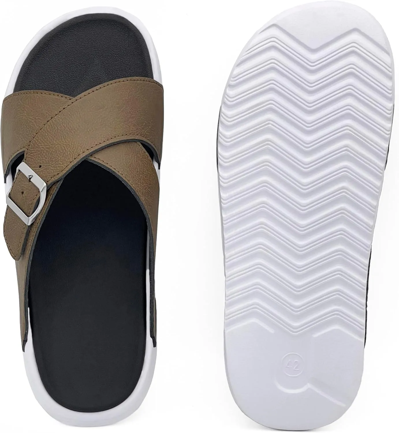 Men's Sandal Casual Crossband Slide Thick Sole Open Toe Slides EVA Indoor & Outdoor Beach Sandals with Adjustable Buckle Straps