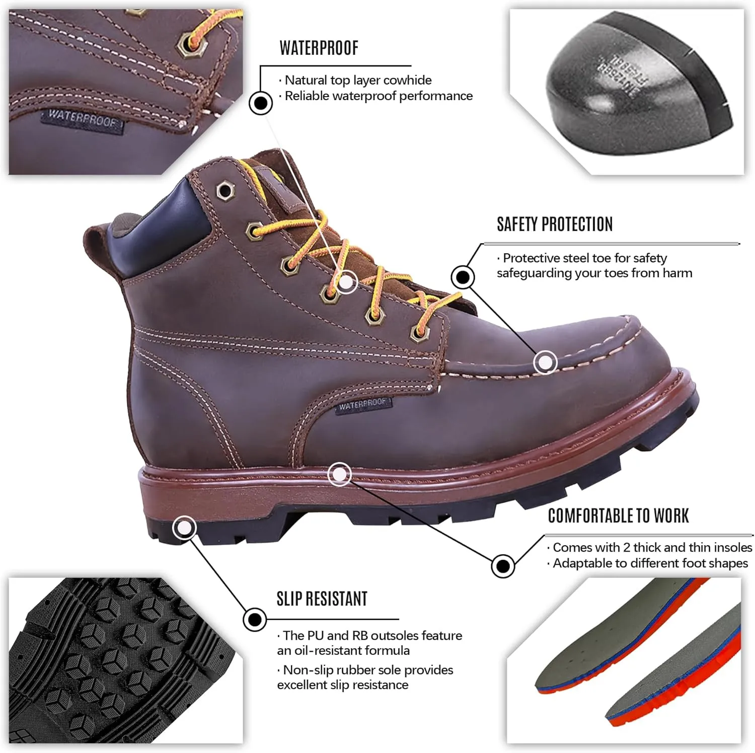 Mens Steel Toe Work Boots With 2 Different Insoles Waterproof Insulated Non Slip & Oil Resistant ASTM F2413