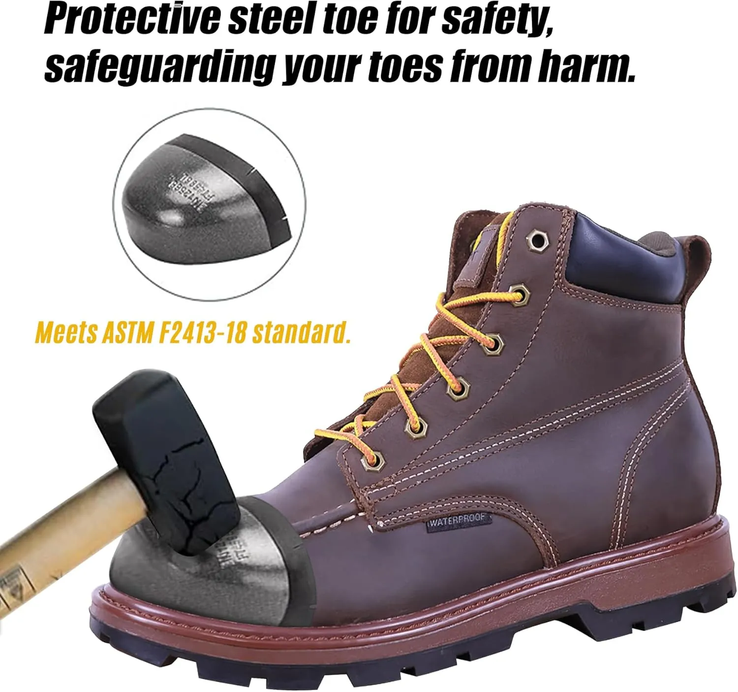Mens Steel Toe Work Boots With 2 Different Insoles Waterproof Insulated Non Slip & Oil Resistant ASTM F2413