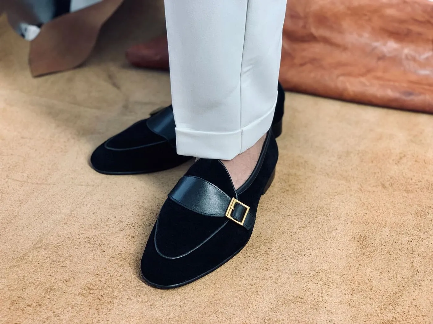 Men's Velvet Penny Loafers with Gold Buckle, Genuine Leather Formal Dress Slip On Shoes,Prom Wedding Tuxedo Shoes for Men