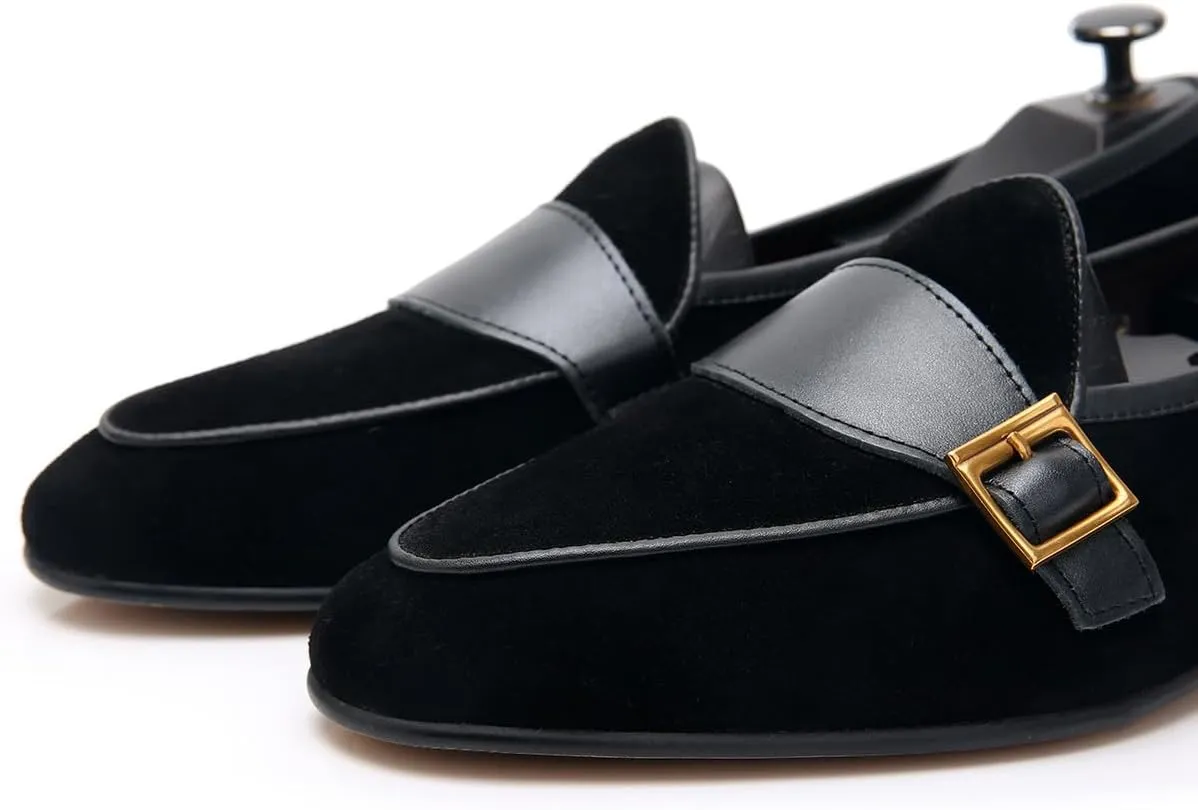 Men's Velvet Penny Loafers with Gold Buckle, Genuine Leather Formal Dress Slip On Shoes,Prom Wedding Tuxedo Shoes for Men