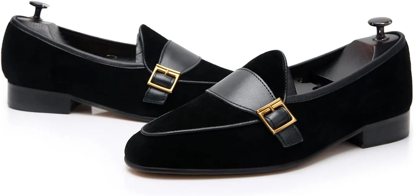 Men's Velvet Penny Loafers with Gold Buckle, Genuine Leather Formal Dress Slip On Shoes,Prom Wedding Tuxedo Shoes for Men
