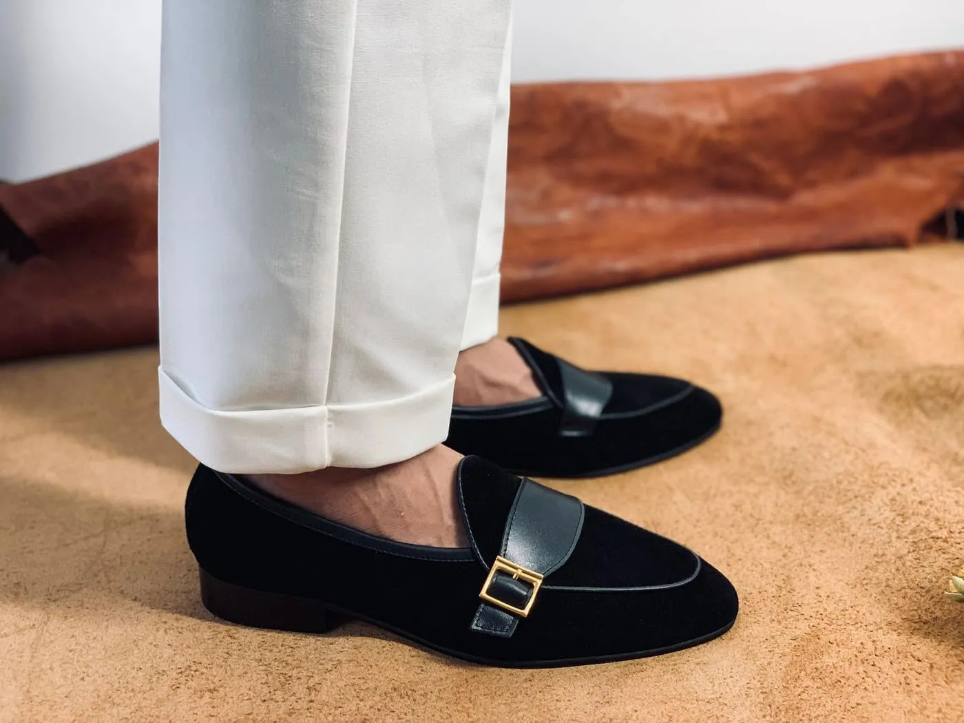 Men's Velvet Penny Loafers with Gold Buckle, Genuine Leather Formal Dress Slip On Shoes,Prom Wedding Tuxedo Shoes for Men
