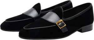 Men's Velvet Penny Loafers with Gold Buckle, Genuine Leather Formal Dress Slip On Shoes,Prom Wedding Tuxedo Shoes for Men