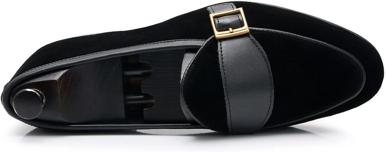 Men's Velvet Penny Loafers with Gold Buckle, Genuine Leather Formal Dress Slip On Shoes,Prom Wedding Tuxedo Shoes for Men