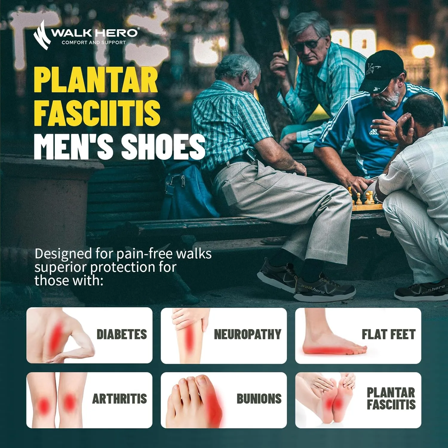 Mens Walking Shoes for Plantar Fasciitis, Orthopedic Mens Sneakers with Arch Support, Non Slip Running Shoes for Flat Feet with Extra Cushioning and Heel Pain Relief