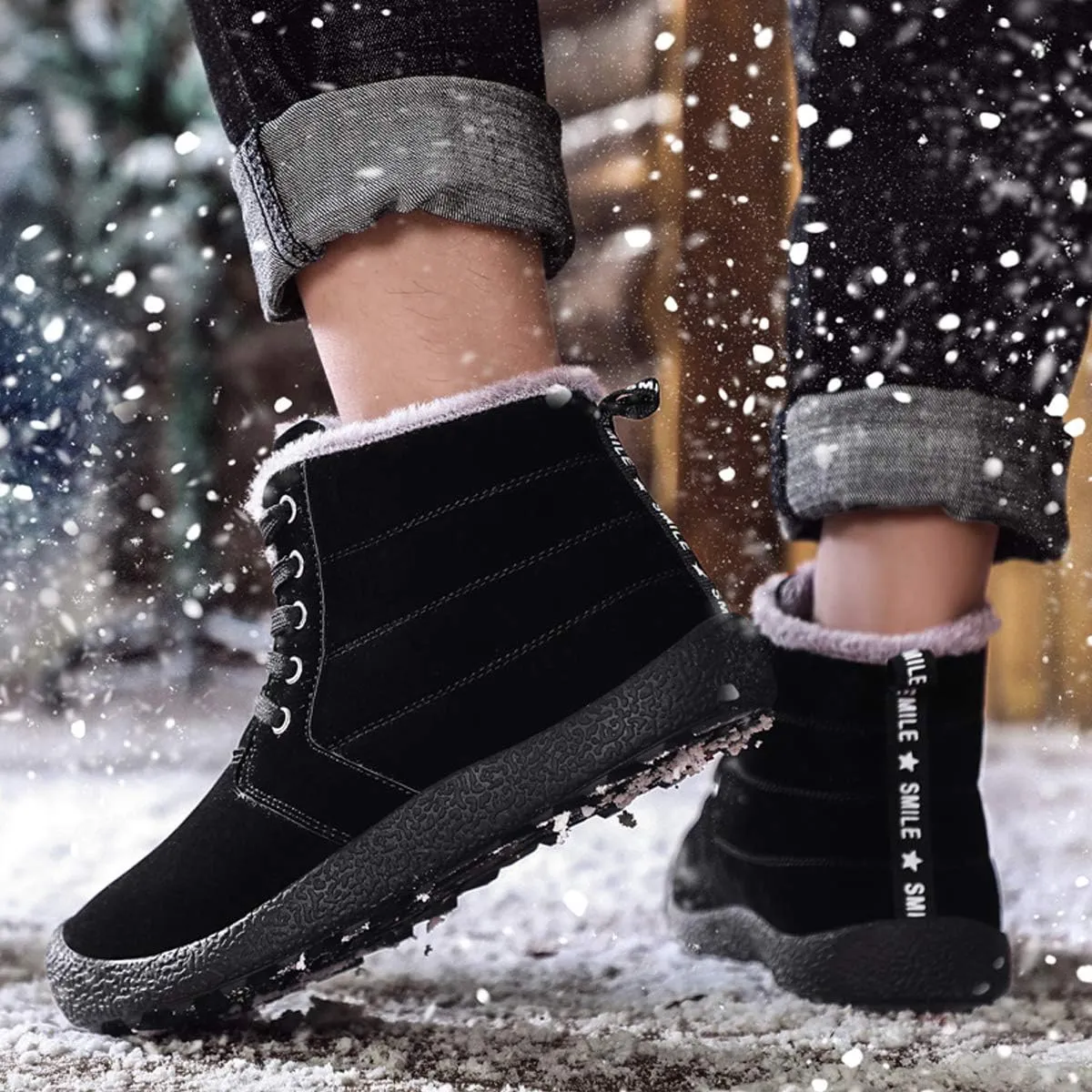 Mens Winter Snow Boots Fur Lined Warm Ankle Booties Waterproof Slip-on Sneakers Lightweight High Top Outdoor Shoes