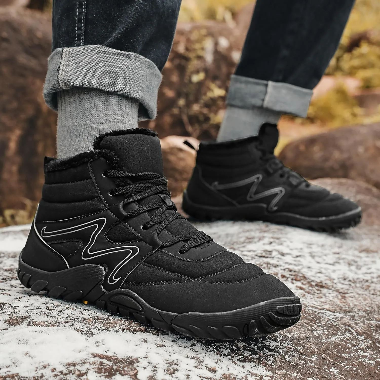 Mens Womens Winter Hiking Boots Wide Toe Box Warm Snow Boots Minimalist Barefoot Boots Zero Drop Sole Waterproof Non-Slip Ankle Booties
