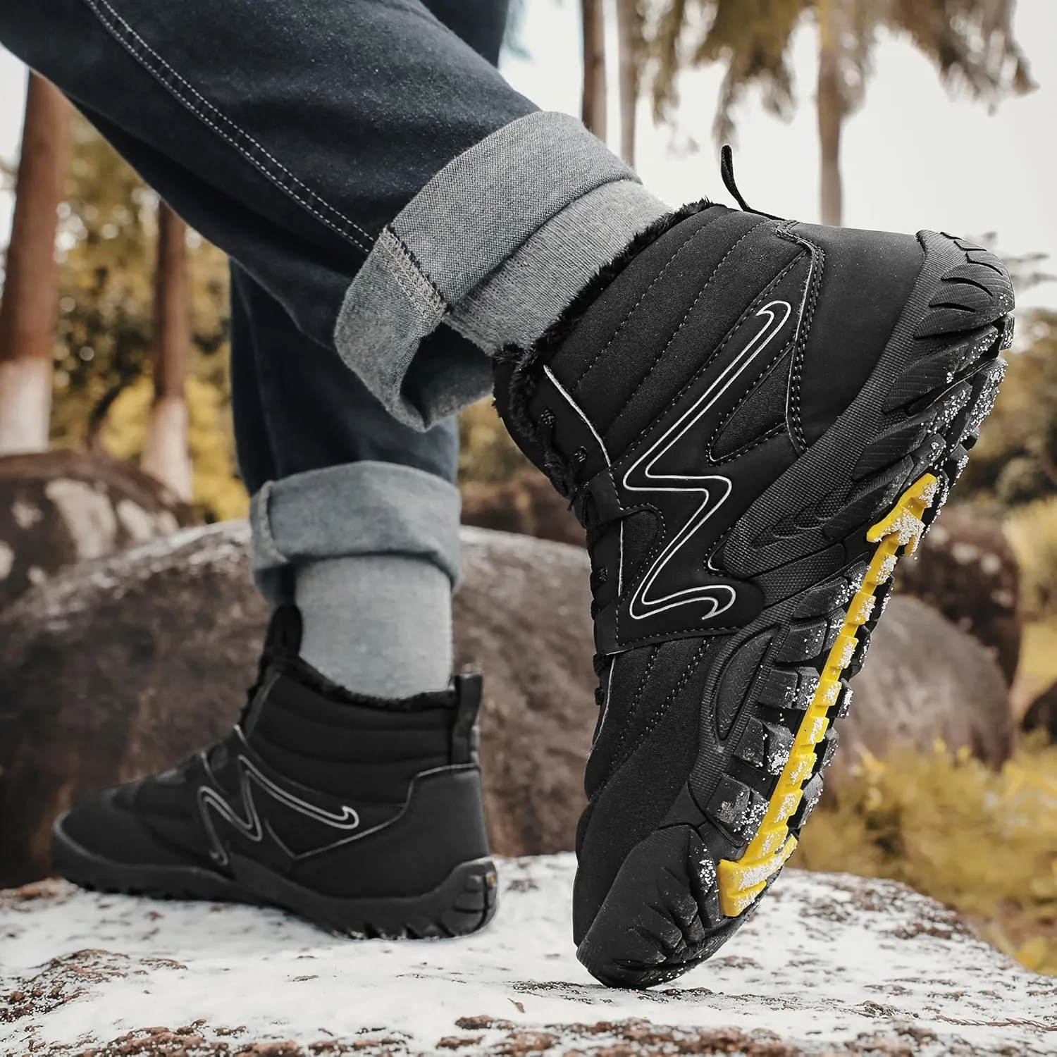 Mens Womens Winter Hiking Boots Wide Toe Box Warm Snow Boots Minimalist Barefoot Boots Zero Drop Sole Waterproof Non-Slip Ankle Booties