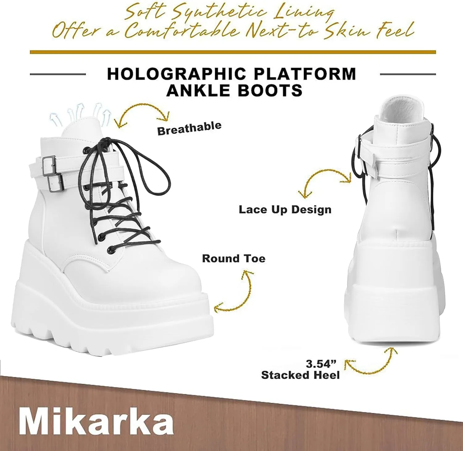mikarka Holographic Platform Boots for Women, Lace Up Ankle Studded Buckle Goth Stacked Wedge Combat Ankle Boots