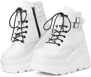 mikarka Holographic Platform Boots for Women, Lace Up Ankle Studded Buckle Goth Stacked Wedge Combat Ankle Boots