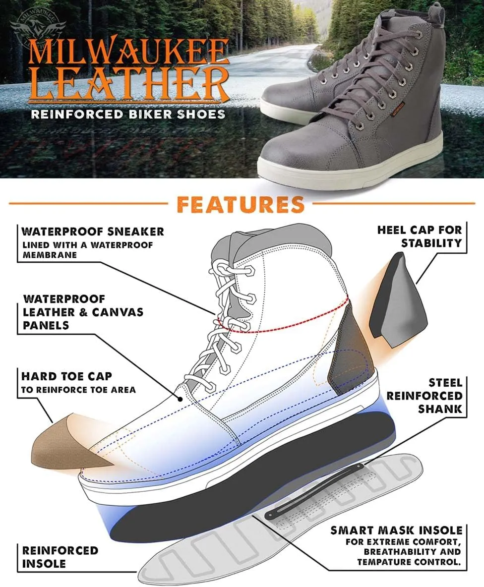 Milwaukee Leather MBM9003WP Men's Grey Leather and Canvas Reinforced Street Riding Waterproof Shoes with Ankle Support - 8.5