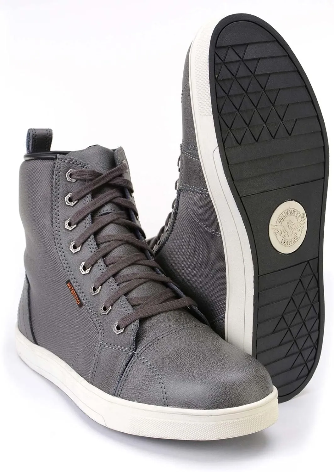 Milwaukee Leather MBM9003WP Men's Grey Leather and Canvas Reinforced Street Riding Waterproof Shoes with Ankle Support - 8.5