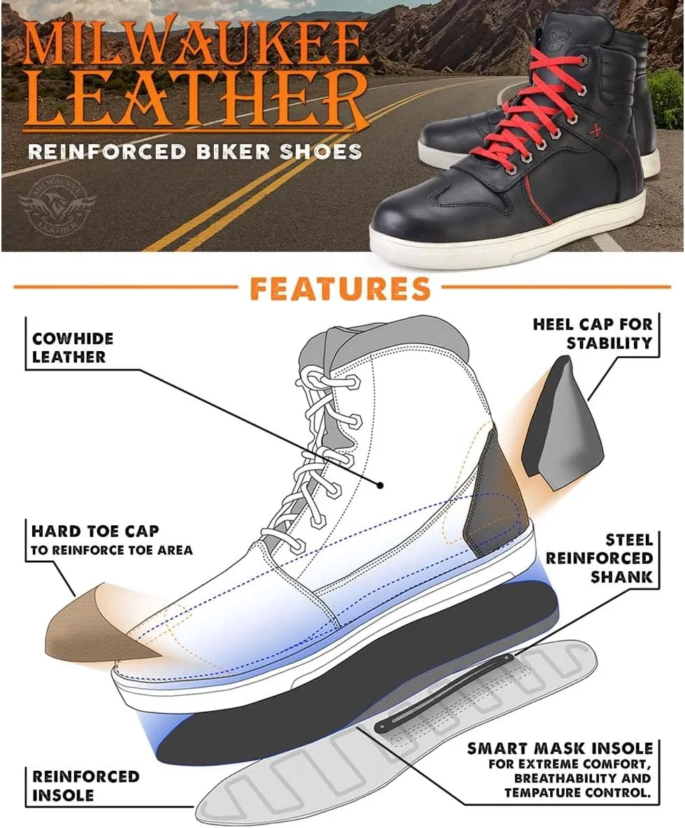 Milwaukee Leather MBM9102 Men's Black Leather with Red Shoe Lace Reinforced Street Riding Shoes w/Ankle Support - 7