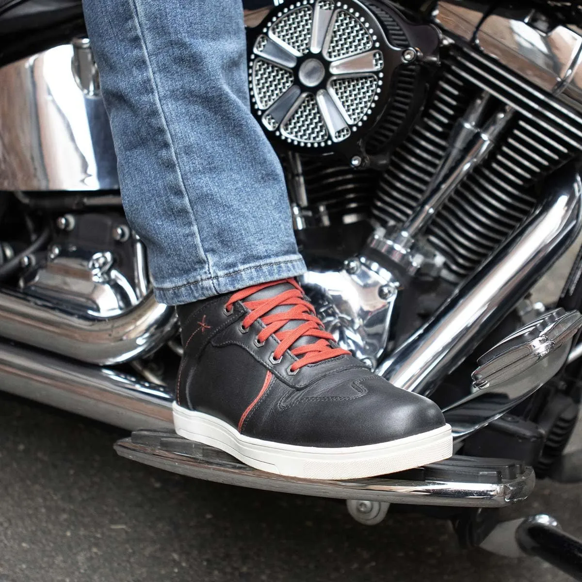 Milwaukee Leather MBM9102 Men's Black Leather with Red Shoe Lace Reinforced Street Riding Shoes w/Ankle Support - 7