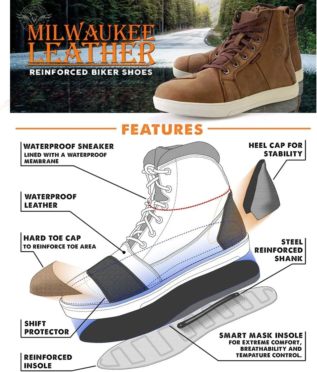 Milwaukee Leather MBM9113 Men's Brown Waterproof Leather Motorcycle Reinforced Riding Shoes w/Ankle Support - 10