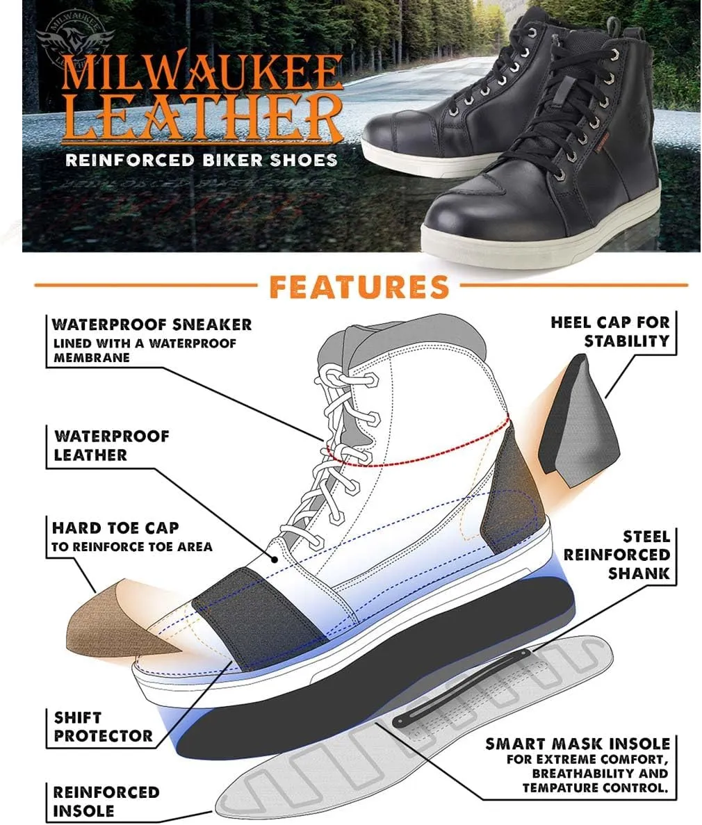 Milwaukee Leather MBM9114 Men's Black Waterproof Leather Street Riding Shoes with Shift Protection and Ankle Support - 7.5