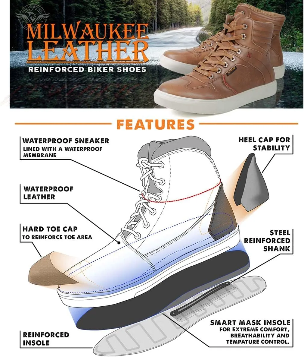 Milwaukee Leather MBM9154 Men's Cognac Leather High-Top Reinforced Street Riding Waterproof Shoes w/Ankle Support - 12