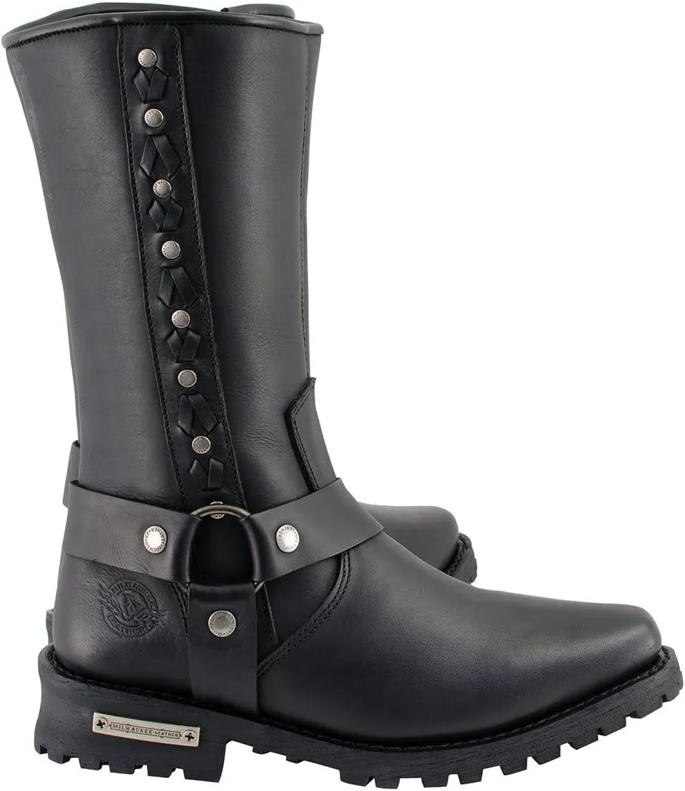 Milwaukee Leather Men's Black Leather Harness Motorcycle Boots with Braid and Riveted Details MBM9025