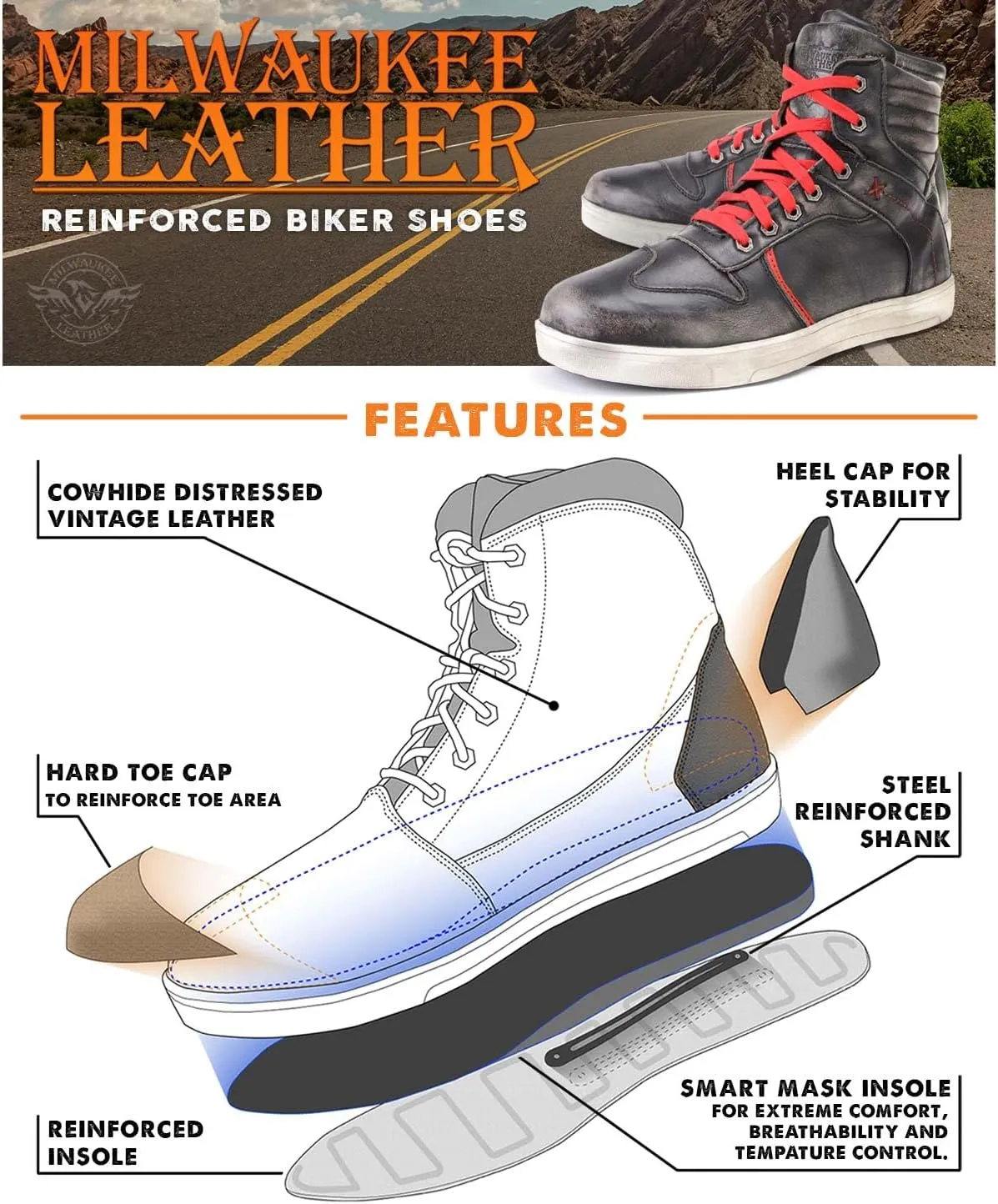 Milwaukee Leather Men's Motorcycle Reinforced Street Biker Casual Riding Shoes Leather Suede Canvas - 9