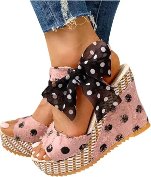Nyybw Sandals for Women Espadrilles, Summer Open Toe Polka Dot Bow Wedge Sandals Cute Platform Sandals Fashion Sandal Shoes