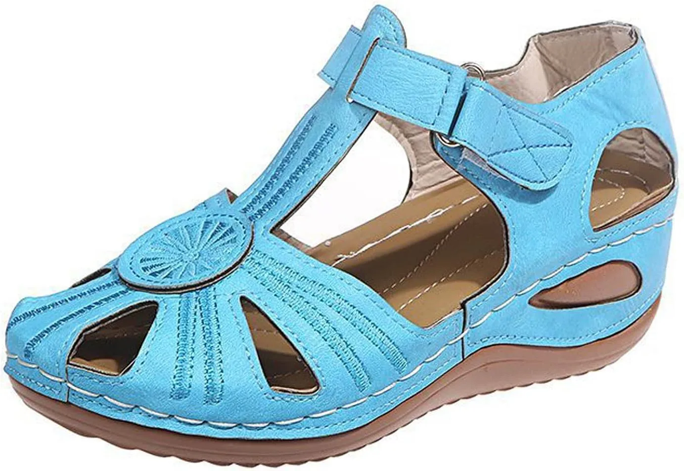 oiangi Hook and Loop Sandals for Women Wedge Hollow Closed Toe Summer Solid Color Flowers Beach Shoes Comfortable Casual Ladies Outdoor Slides Sandalias
