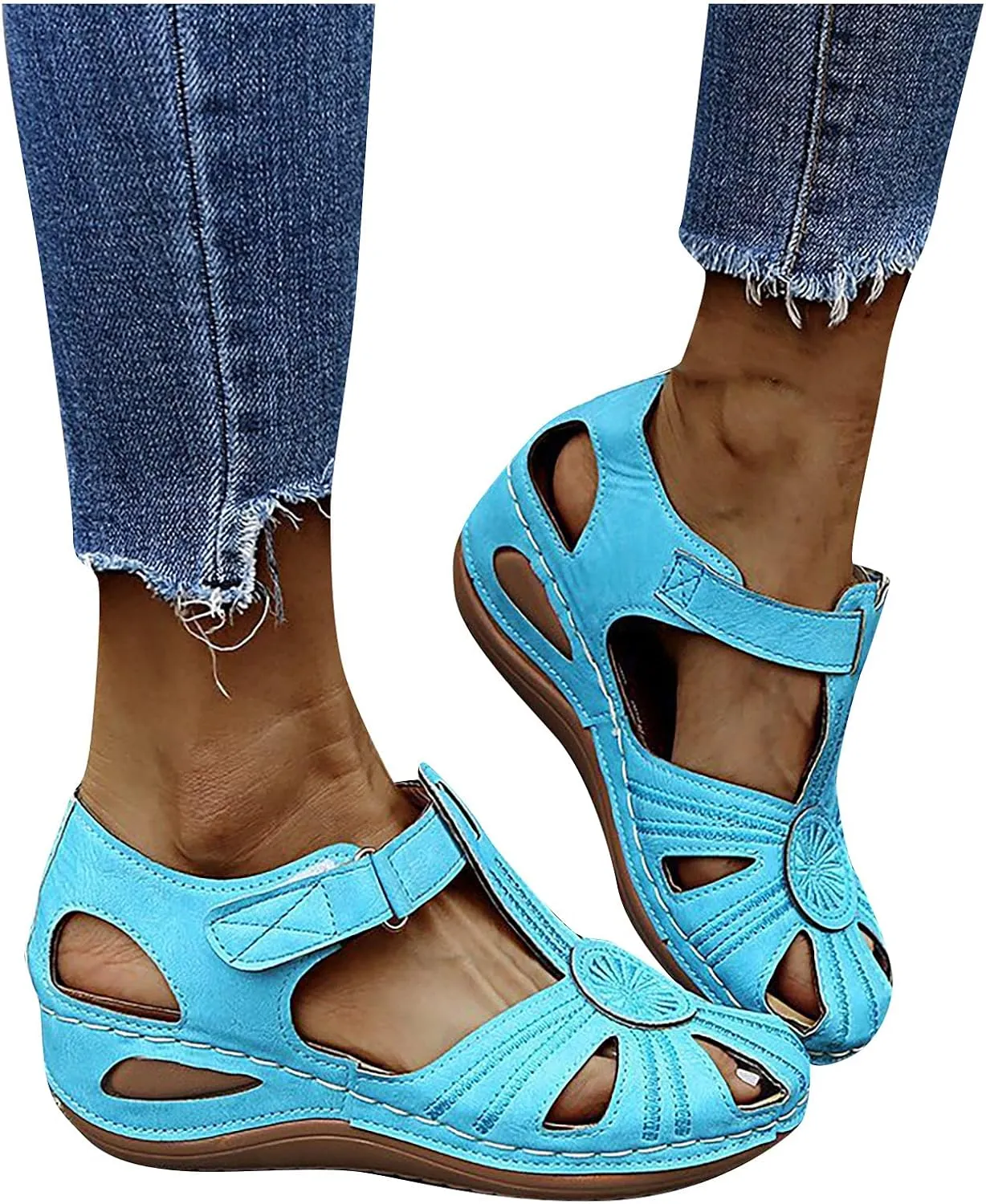 oiangi Hook and Loop Sandals for Women Wedge Hollow Closed Toe Summer Solid Color Flowers Beach Shoes Comfortable Casual Ladies Outdoor Slides Sandalias