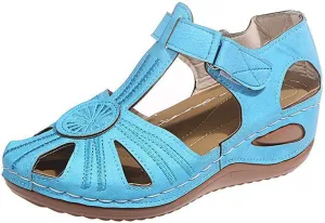 oiangi Hook and Loop Sandals for Women Wedge Hollow Closed Toe Summer Solid Color Flowers Beach Shoes Comfortable Casual Ladies Outdoor Slides Sandalias