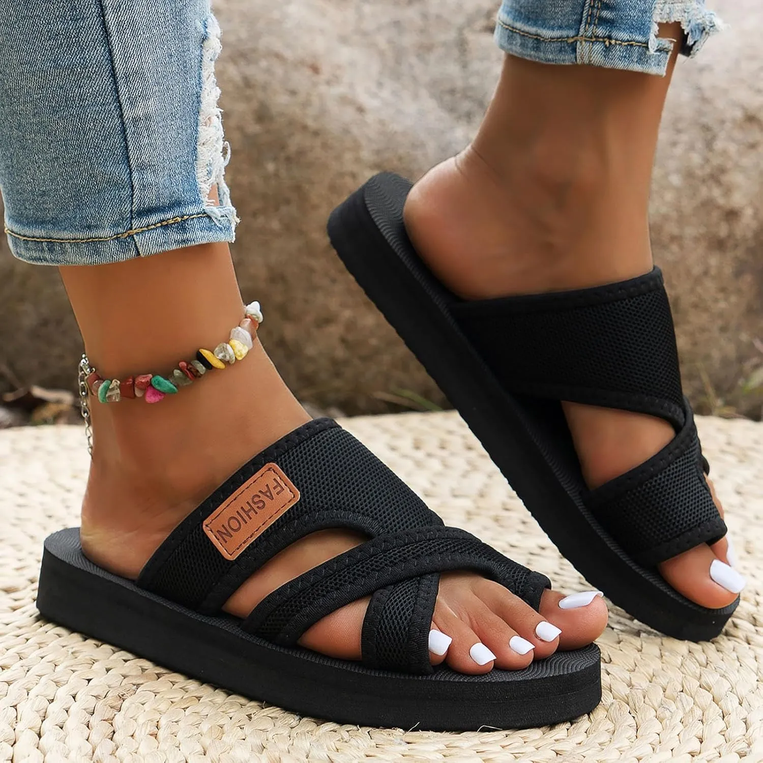 Orthopedic Sandals for Women，Breathable Mesh Flip Flops with Arch Support Comfy Hollow Mesh Walking Slide Sandals