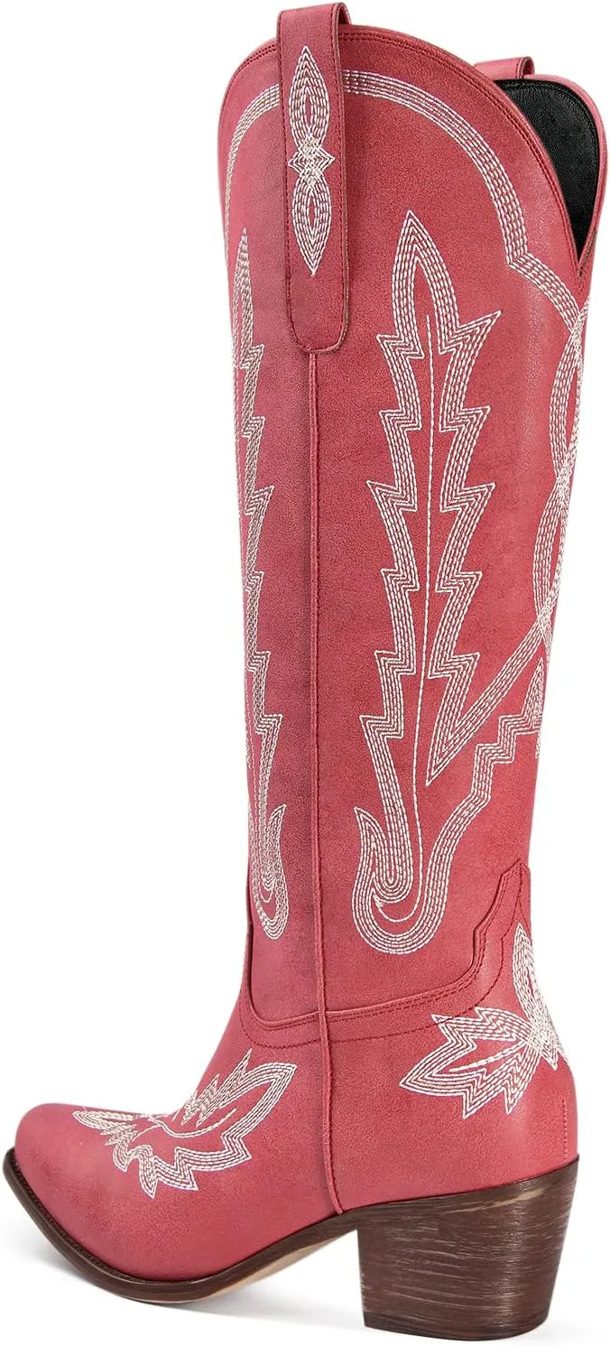Ouepiano Cowboy Boots for Women Knee High Cowgirl Boots with Classic Embroidered Slip On Pointed Toe Chunky Heel Pull On Fashion Retro Tall Boot