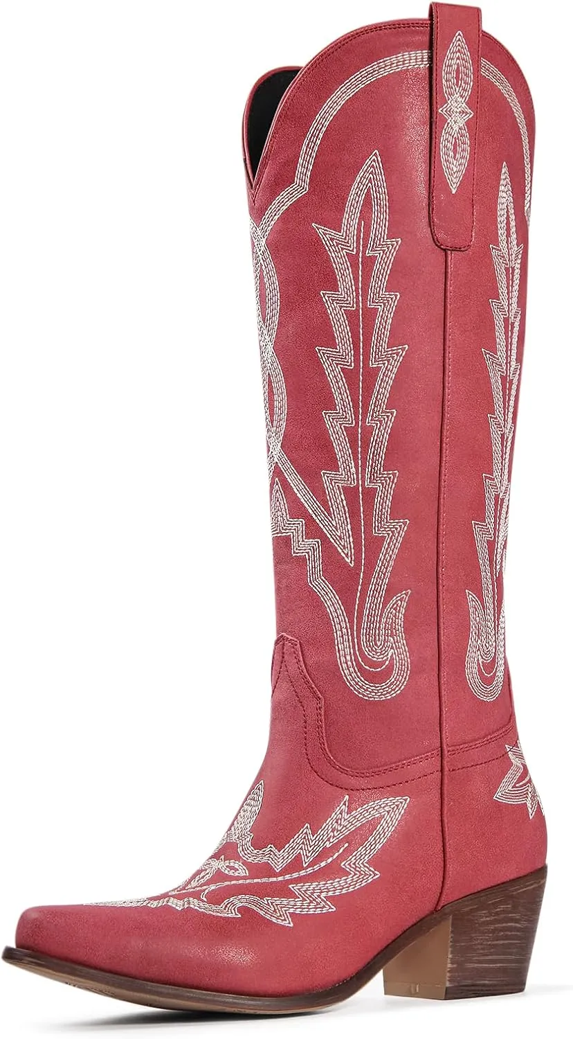 Ouepiano Cowboy Boots for Women Knee High Cowgirl Boots with Classic Embroidered Slip On Pointed Toe Chunky Heel Pull On Fashion Retro Tall Boot