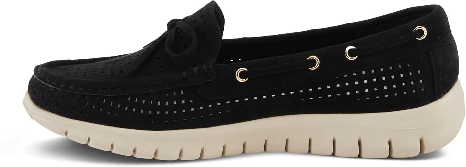 PATRIZIA Women's Aboard Moccasin Loafers – Microsuede Slip-On Shoes with Elegant Square-Dot Perforation, Bow Accent, and Cushioned Comfort Footbed
