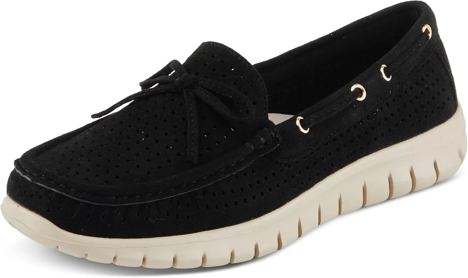 PATRIZIA Women's Aboard Moccasin Loafers – Microsuede Slip-On Shoes with Elegant Square-Dot Perforation, Bow Accent, and Cushioned Comfort Footbed