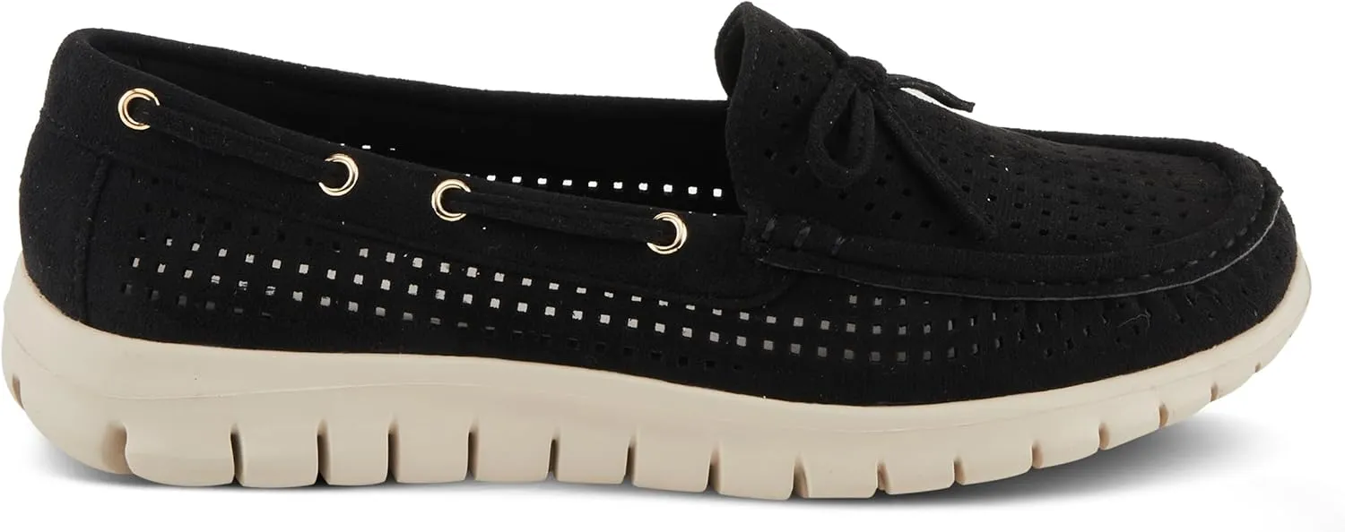 PATRIZIA Women's Aboard Moccasin Loafers – Microsuede Slip-On Shoes with Elegant Square-Dot Perforation, Bow Accent, and Cushioned Comfort Footbed