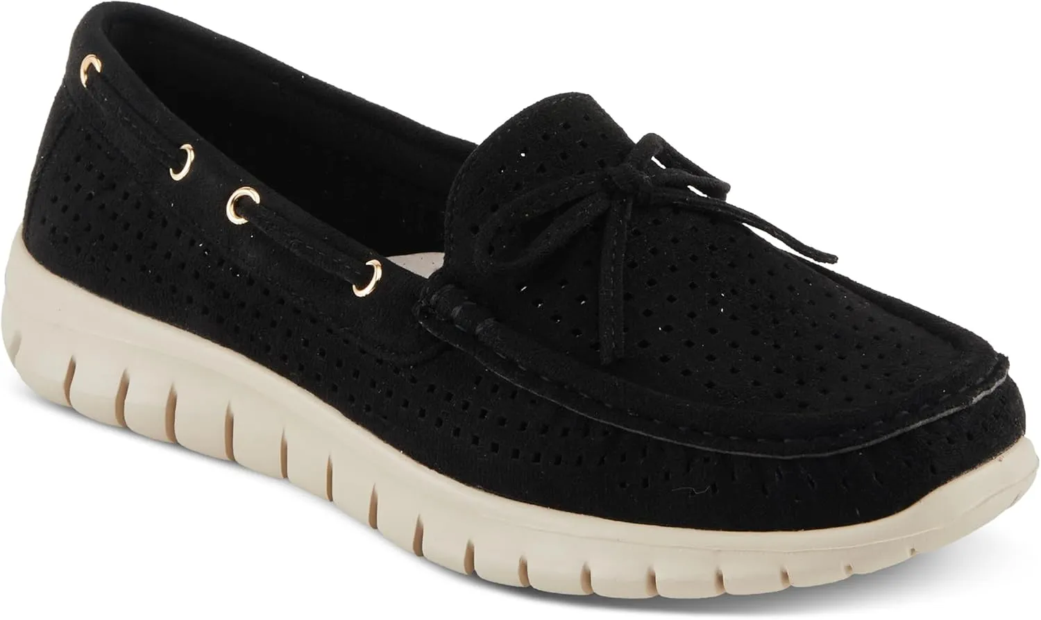 PATRIZIA Women's Aboard Moccasin Loafers – Microsuede Slip-On Shoes with Elegant Square-Dot Perforation, Bow Accent, and Cushioned Comfort Footbed
