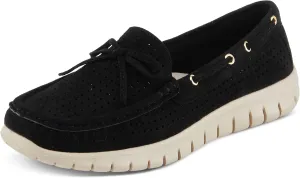PATRIZIA Women's Aboard Moccasin Loafers – Microsuede Slip-On Shoes with Elegant Square-Dot Perforation, Bow Accent, and Cushioned Comfort Footbed