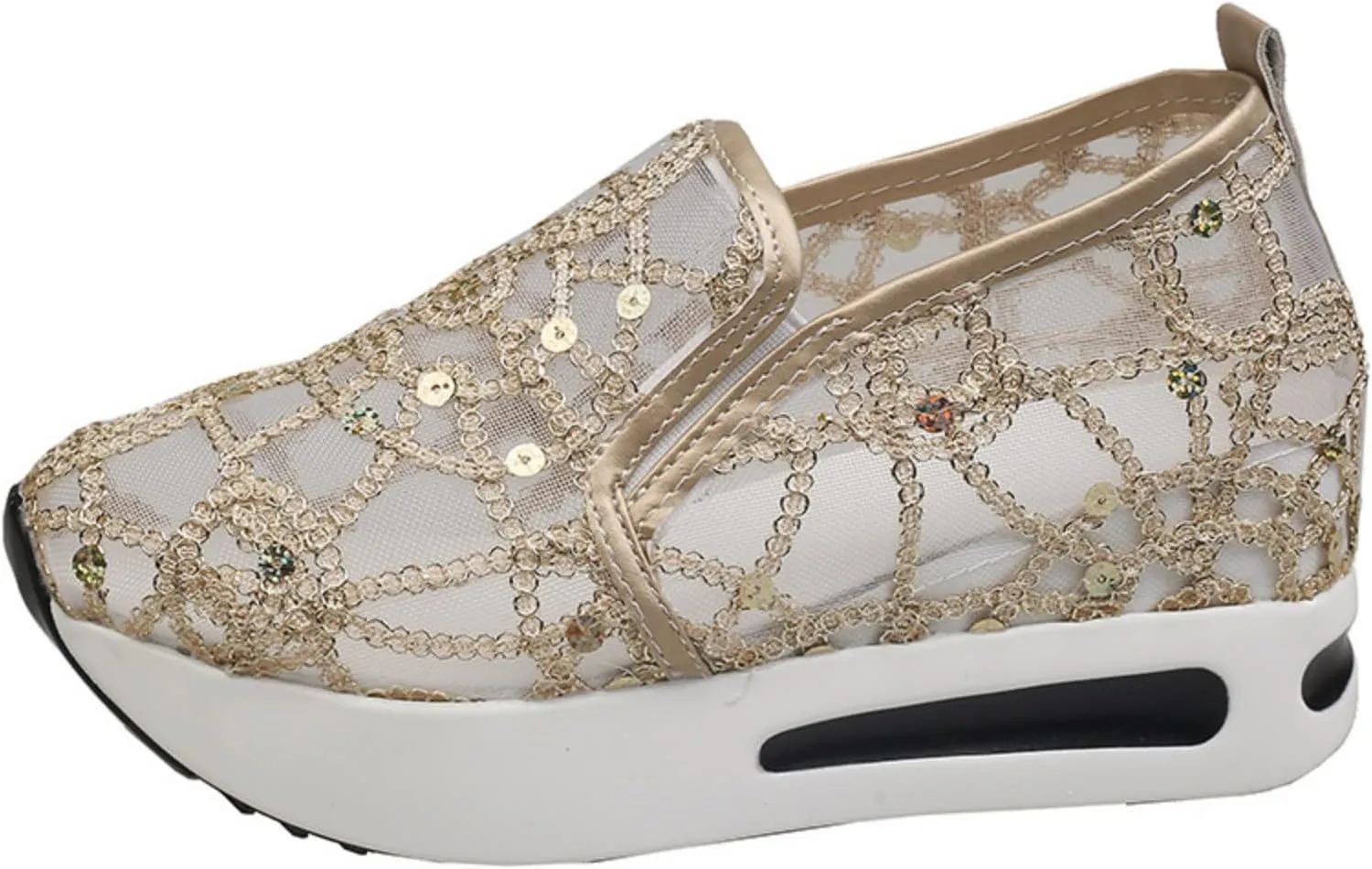 pearlzone Women Breathable Mesh Platform Slip ON Casual Flower Embroidered Mesh Air-Cushion Walking Sneakers