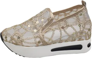 pearlzone Women Breathable Mesh Platform Slip ON Casual Flower Embroidered Mesh Air-Cushion Walking Sneakers