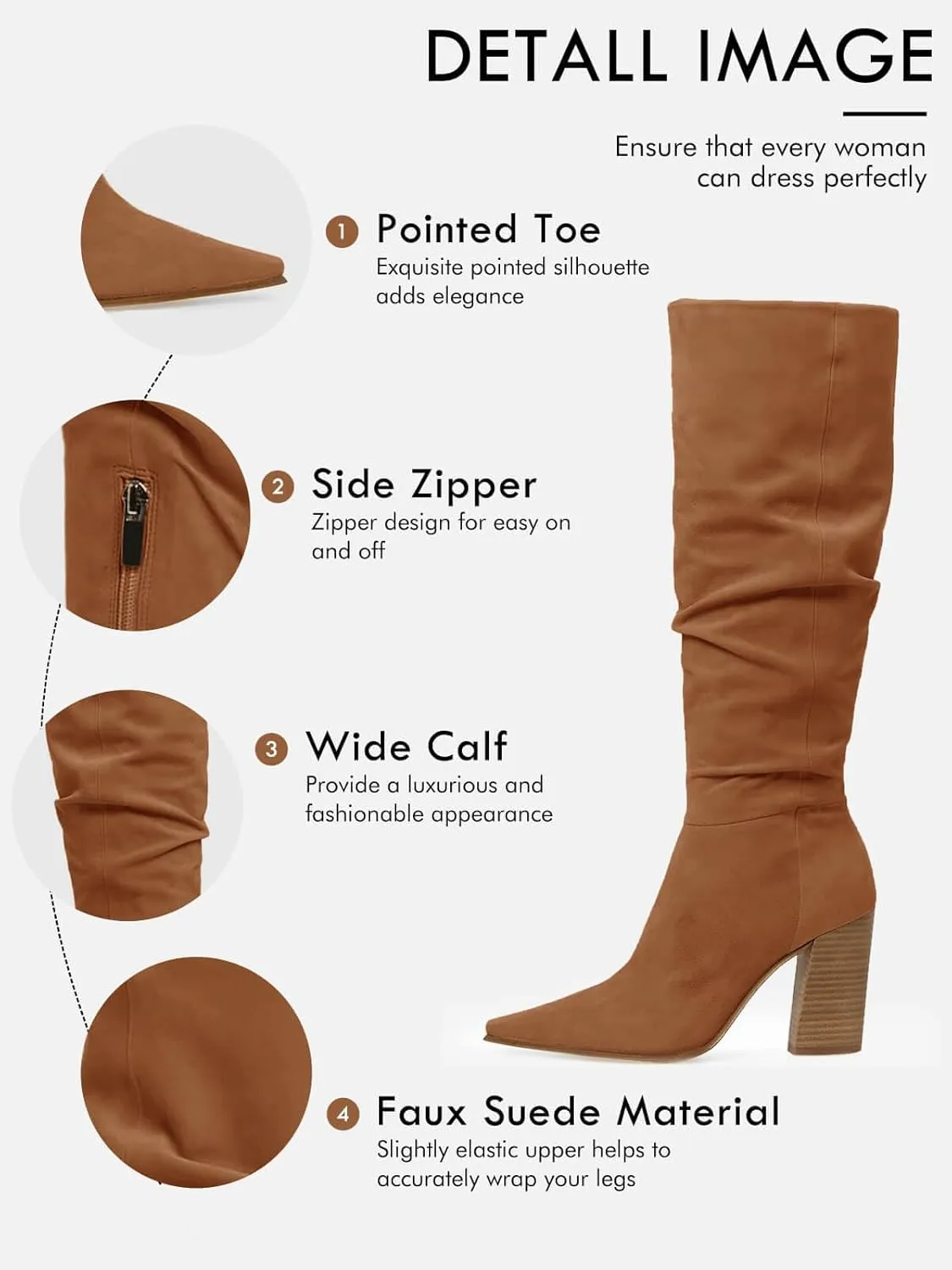 PiePieBuy Womens Faux Suede Knee High Boots Pointed Toe High Chunky Heel Side Zipper Party Dress Booties