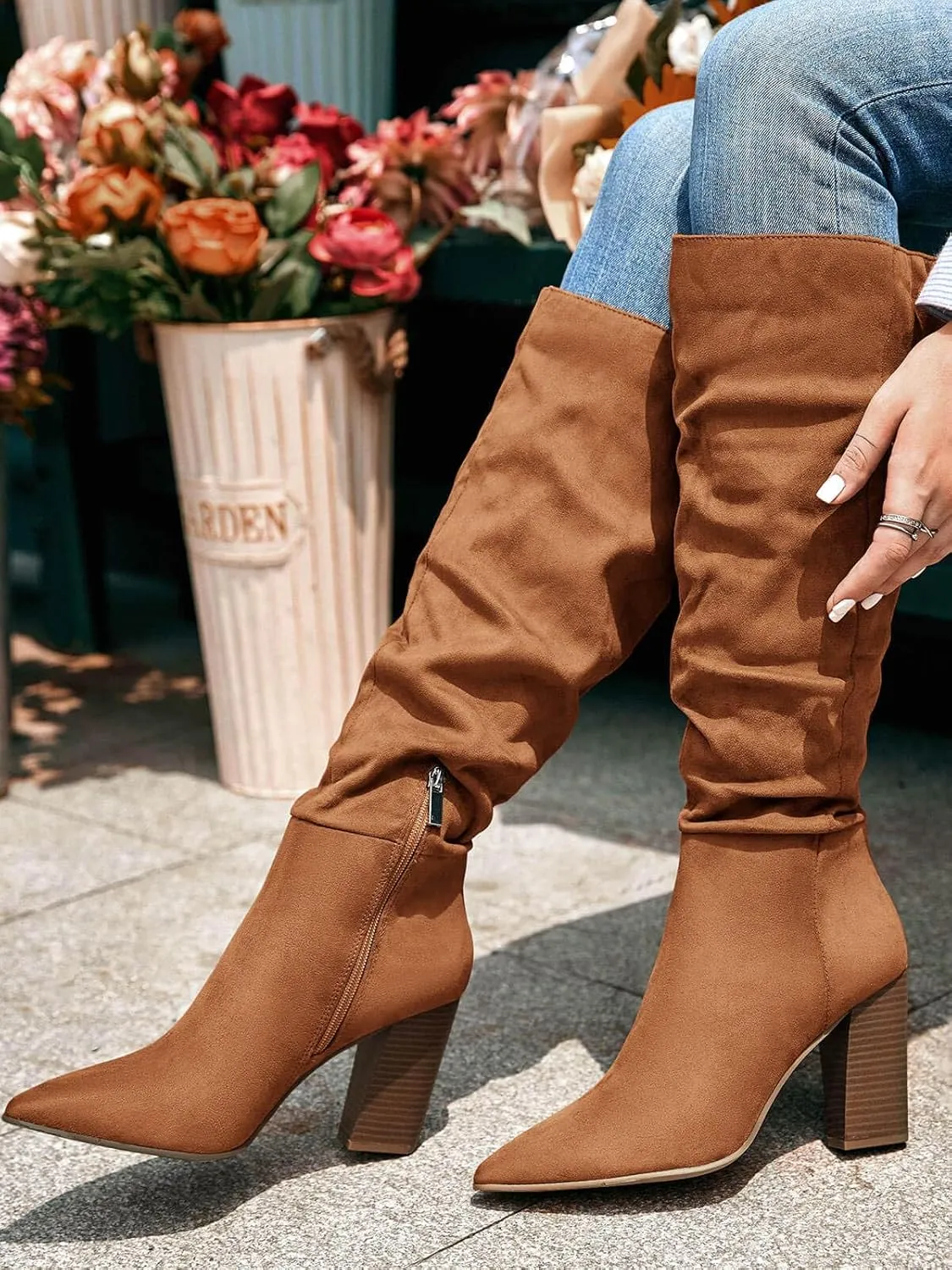 PiePieBuy Womens Faux Suede Knee High Boots Pointed Toe High Chunky Heel Side Zipper Party Dress Booties