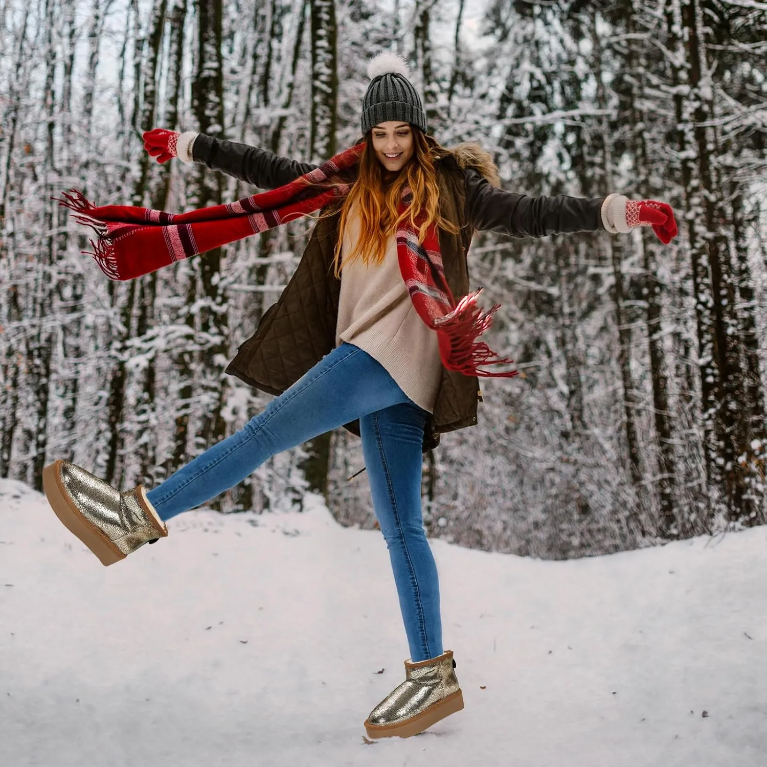 Platform Mini Boots for Women Genuine Suede Leather Anti-Slip Mini Platform Boots Lightweight Warm Snow Boots