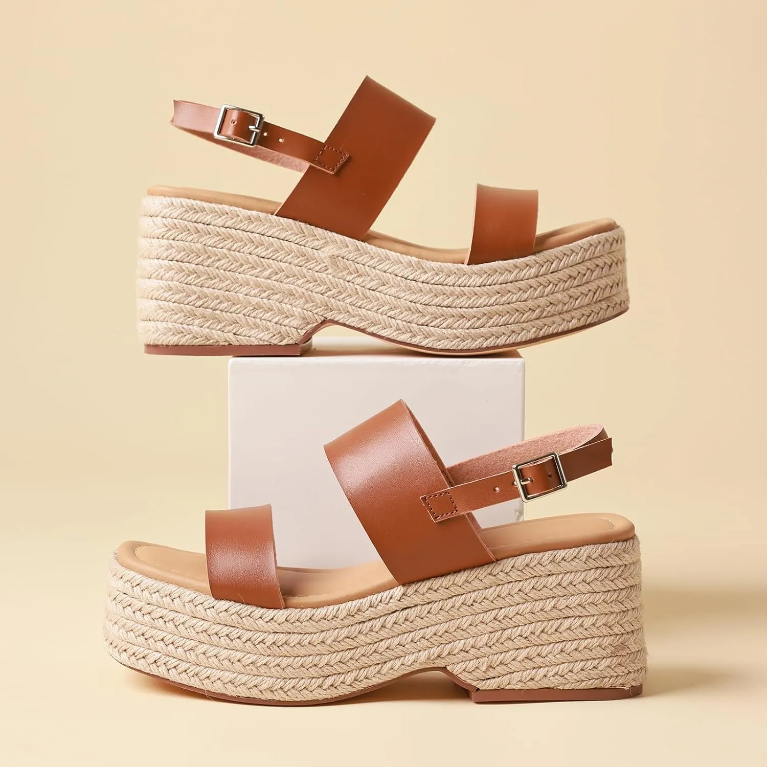 Platform Sandals Women Open Toe Ankle Strap Summer Wedge Espadrille Sandals Cute Beach Straw Raffia Woven Sandals Comfortable Vacation Dress Shoes