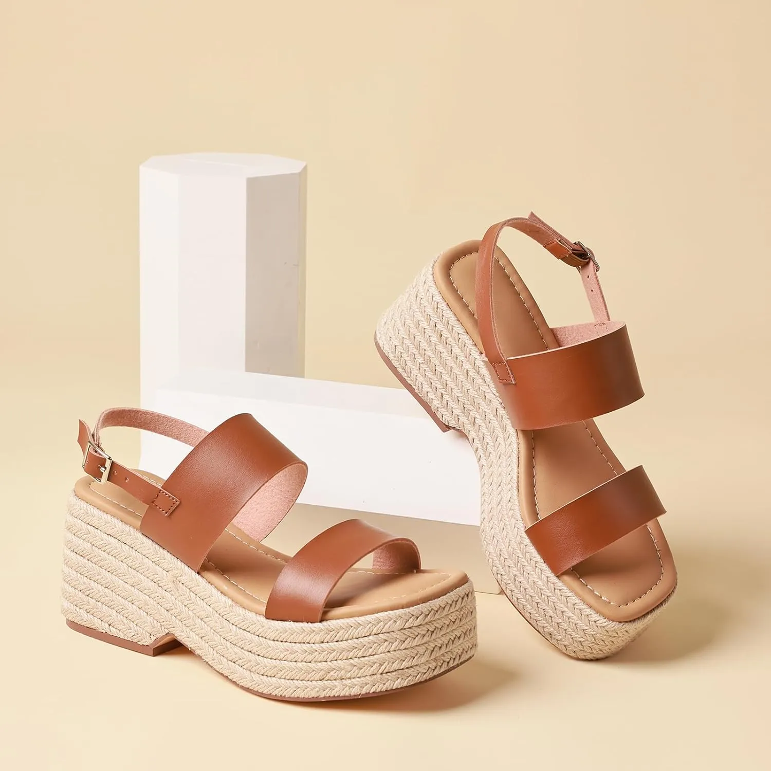Platform Sandals Women Open Toe Ankle Strap Summer Wedge Espadrille Sandals Cute Beach Straw Raffia Woven Sandals Comfortable Vacation Dress Shoes