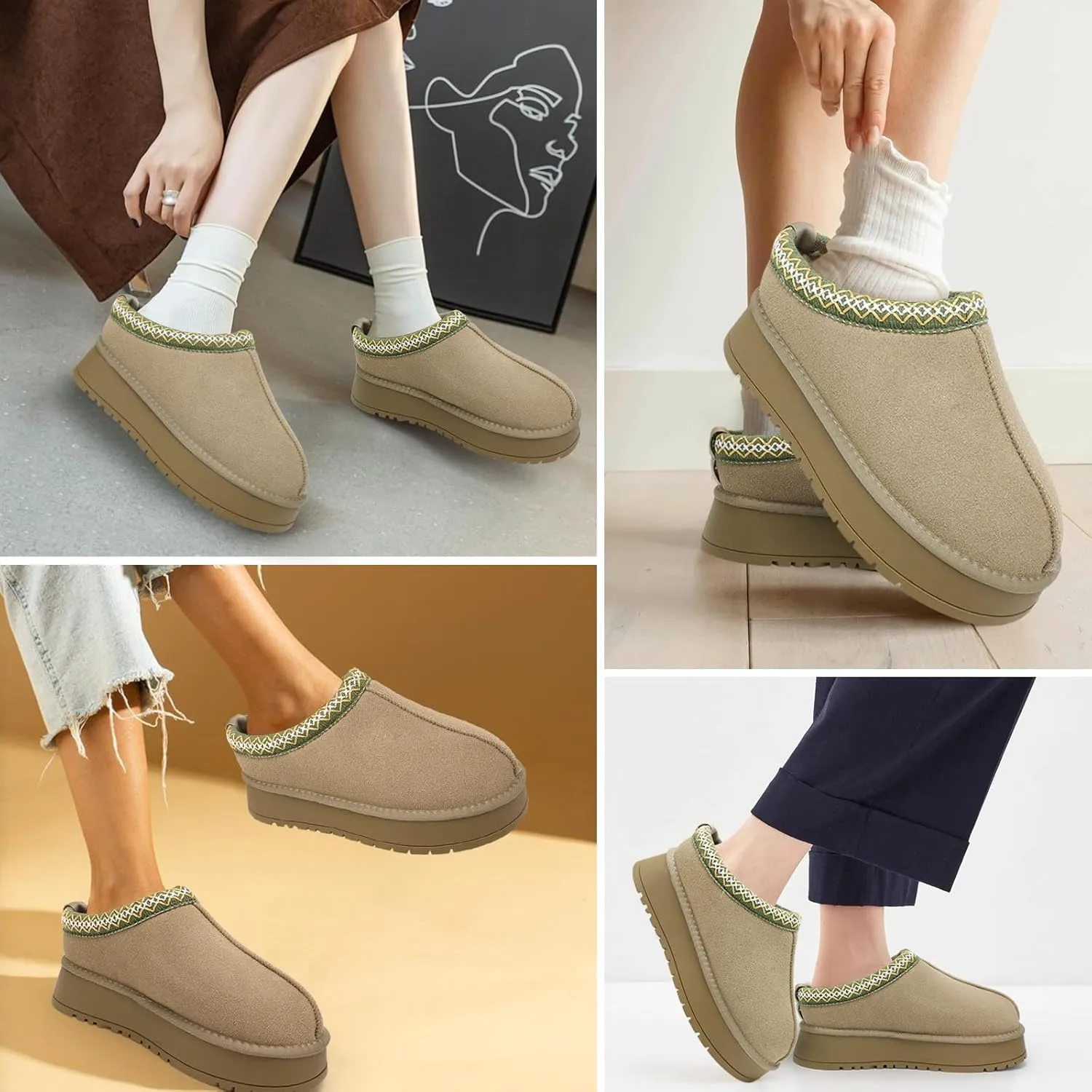 Platform Slippers for Women Winter Snow Mini Boots Suede Warm Lined Shoes Short Ankle Anti-Slip Platform Boots Slip on Home Fuzzy Slippers for Indoor Outdoor