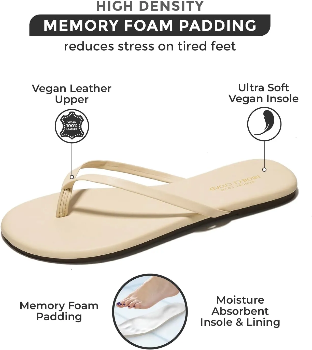 Project Cloud Flip Flops for Women Footwear - Memory Foam Flats Sandals for Women 2025 - Vegan Leather Lightweight Sandals Summer Beach Essentials Slides (Foundations)